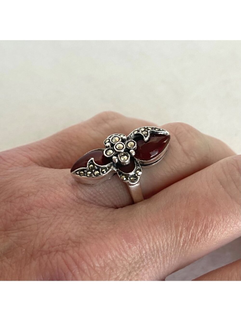 Sterling Silver 925 Art Deco Style Marcasite Teardrop Red Glass Ring Sz 5.75 - Picture 3 of 16